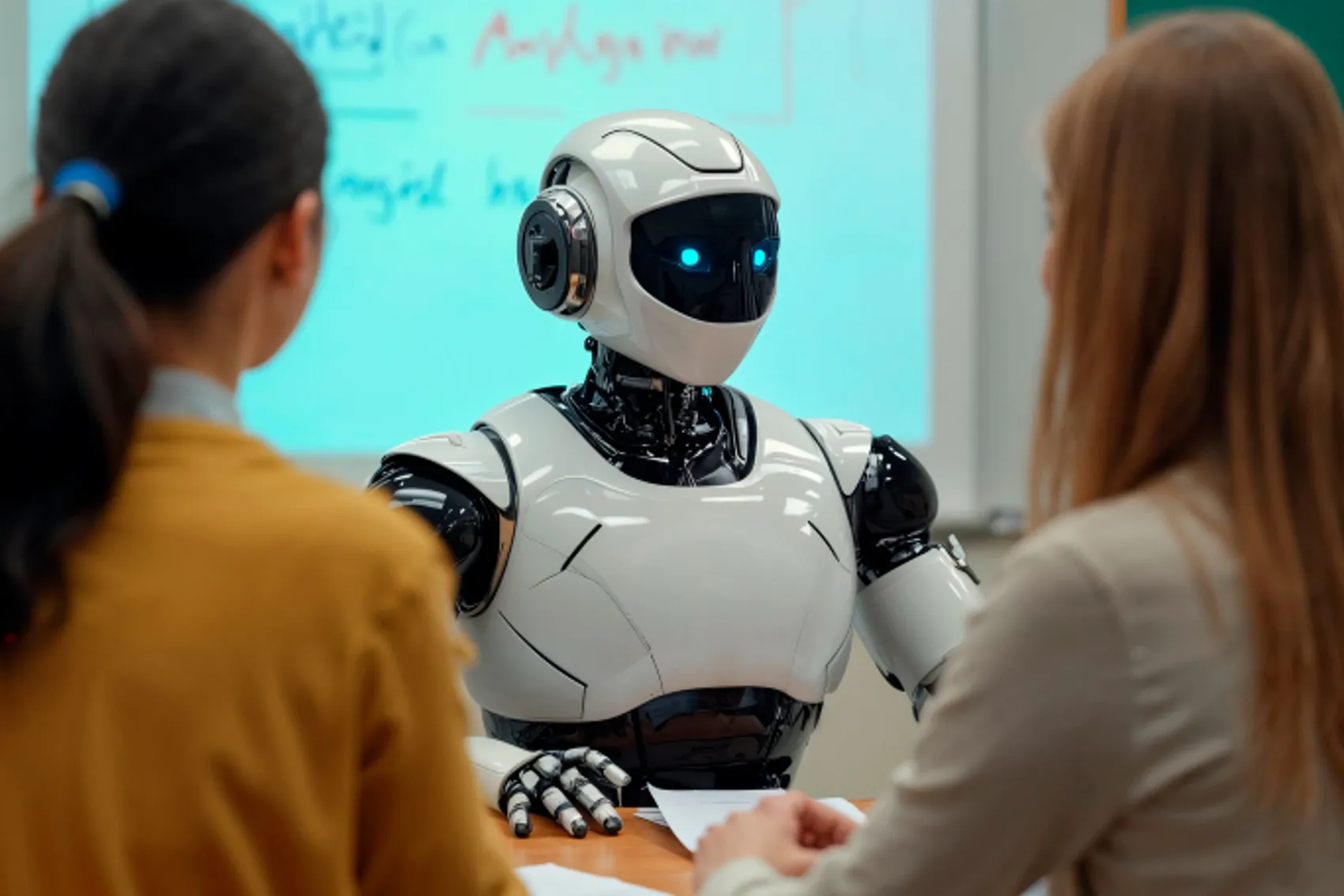 Robô humanoide sentado à mesa com duas pessoas, em ambiente de sala de aula ou formação. O robô tem design futurista com corpo branco e detalhes pretos, e está posicionado entre as duas pessoas que seguram papéis. Ao fundo, há um quadro branco com anotações coloridas e uma moldura verde na parede, sugerindo contexto educativo ou colaborativo