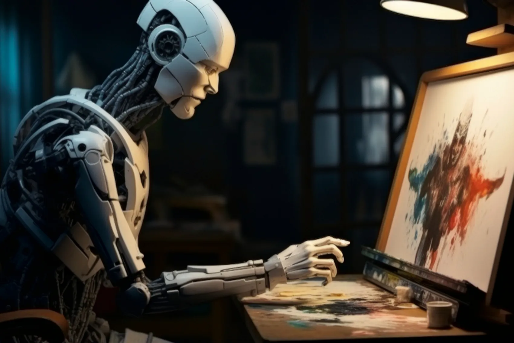 Robô humanoide sentado diante de uma mesa, pintando uma tela com pinceladas abstratas em tons de vermelho, azul e preto. A cena ocorre num ambiente interior com iluminação suave, incluindo uma lâmpada de mesa que ilumina a área de trabalho. O robô apresenta estrutura metálica detalhada com cabos e articulações visíveis, transmitindo uma fusão entre tecnologia e arte.