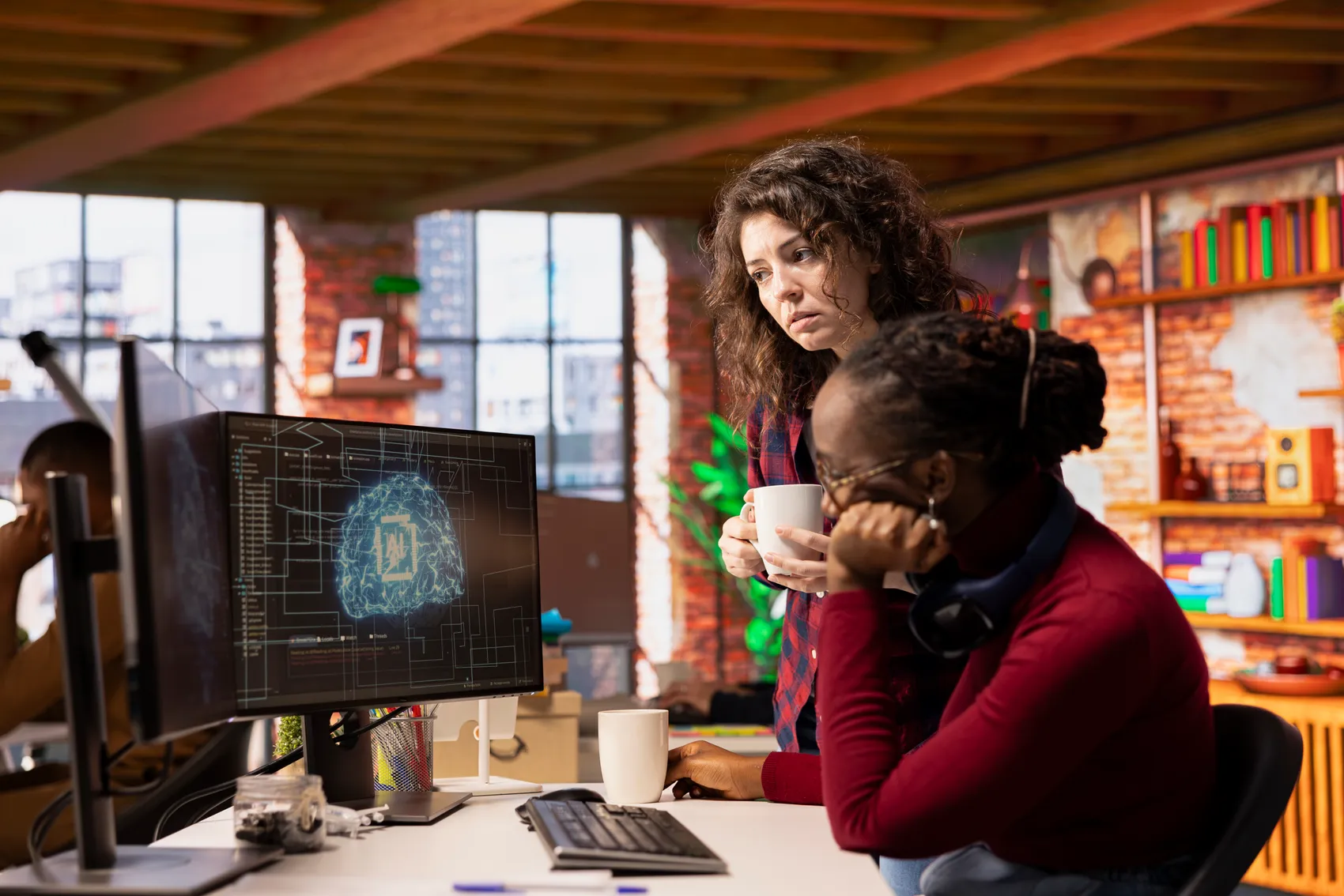 Duas mulheres a trabalhar em frente ao computador, que possui um símbolo alusivo à inteligência artificial. Uma das mulheres esta sentada em frente ao computador e a outra em pé ao lado.
