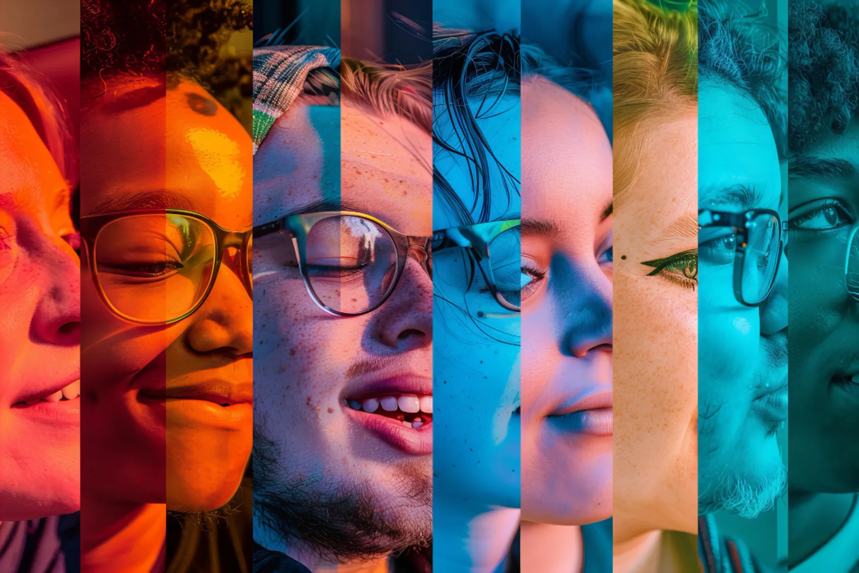 Composição artística formada por várias faixas verticais coloridas, alternando tons quentes como vermelho e laranja com tons frios como azul e verde. As faixas mostram partes de rostos e detalhes visuais, criando um efeito de colagem abstrata com iluminação contrastante. A imagem transmite diversidade e dinamismo através da mistura de cores e fragmentos visuais.